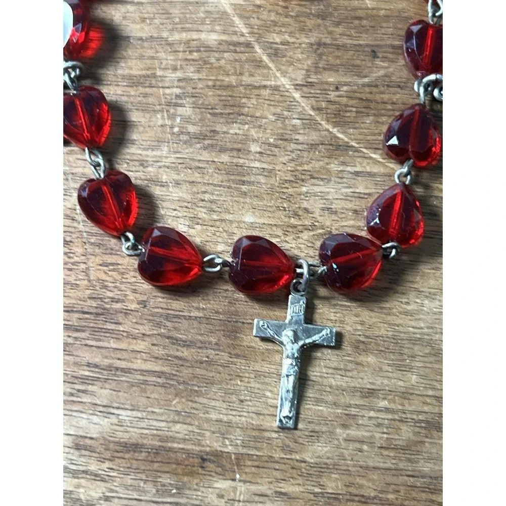Vtg Religious Bracelet CHAPEL Co. Red Czech Glass Hearts Sterling Silver Charms